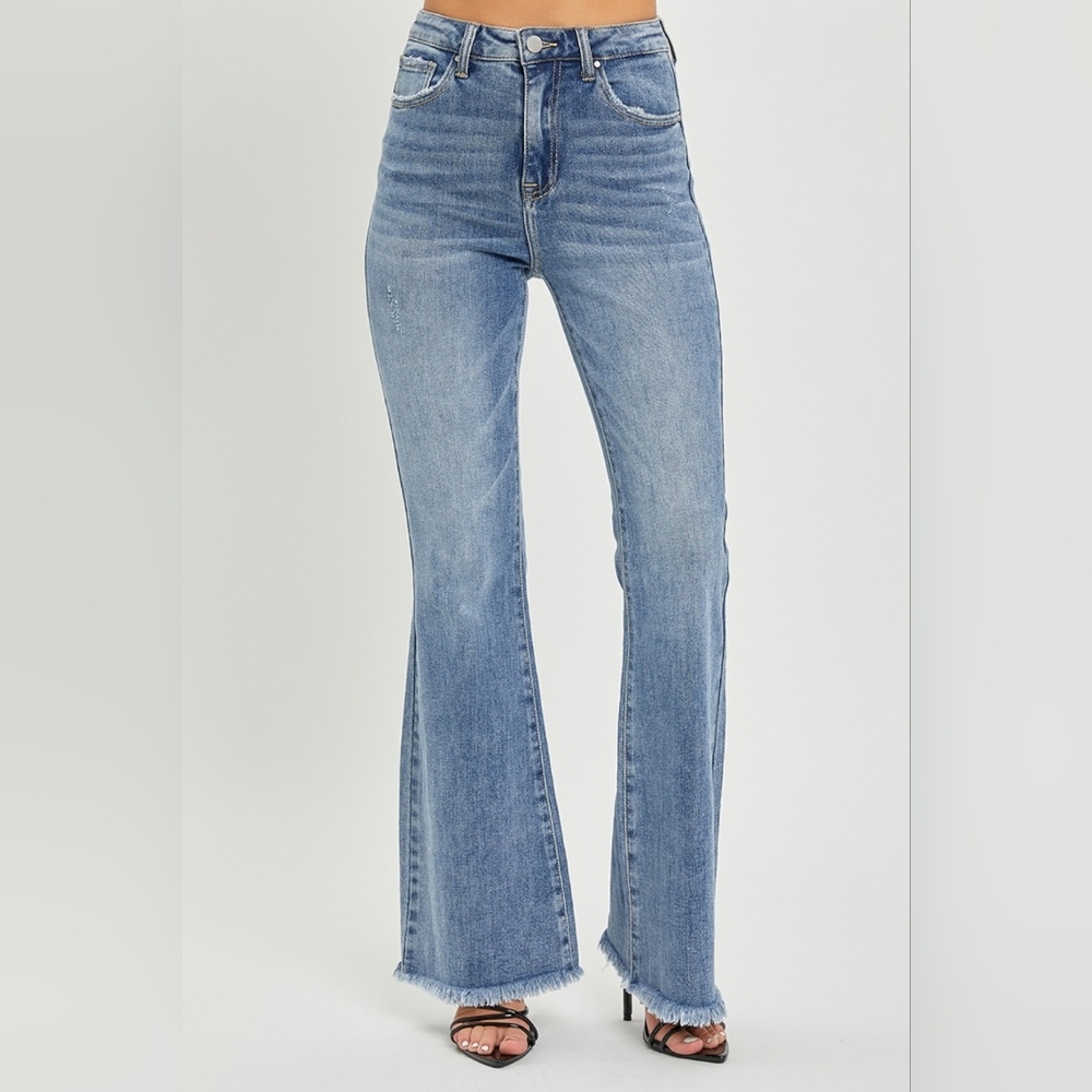 RISEN Tummy Control High-Rise Slim Fit Pants Frayed Flare Hem Retro Denim Jeans - Picture 8 of 15